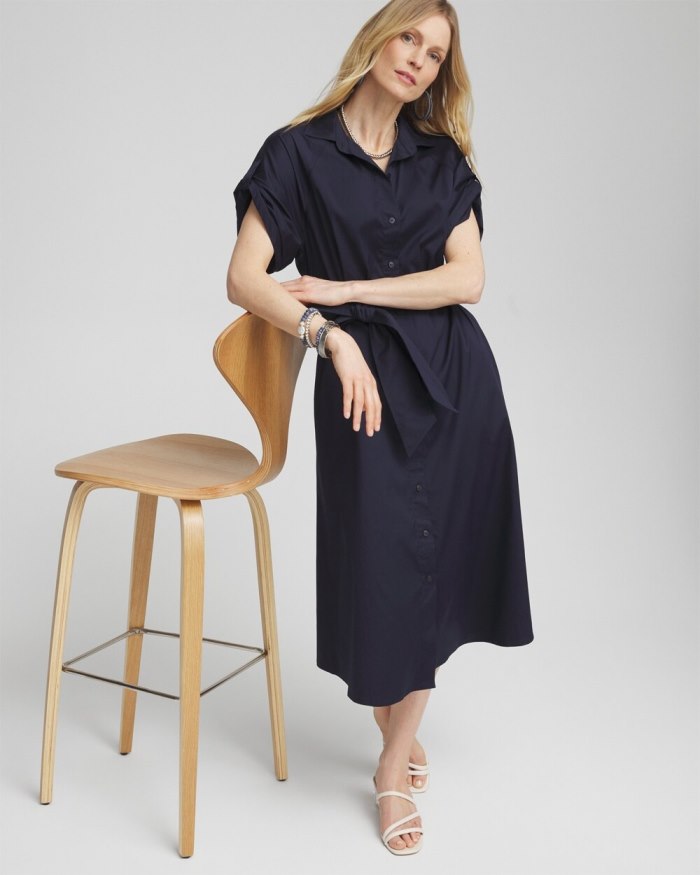 Women's Poplin Tie Waist Shirt Dress - Classic Navy