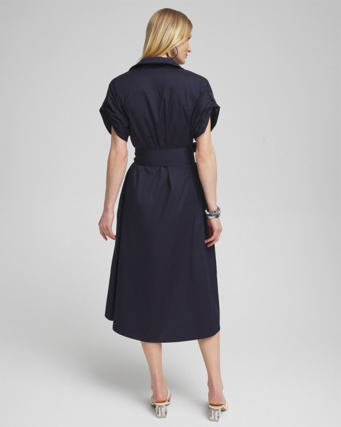 Women's Poplin Tie Waist Shirt Dress - Classic Navy