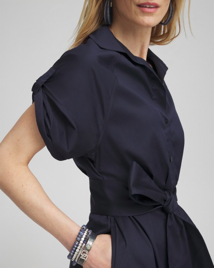 Women's Poplin Tie Waist Shirt Dress - Classic Navy