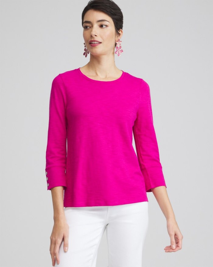 Women's 3/4 Sleeve Button Tee - Magenta Rose - Click Image to Close