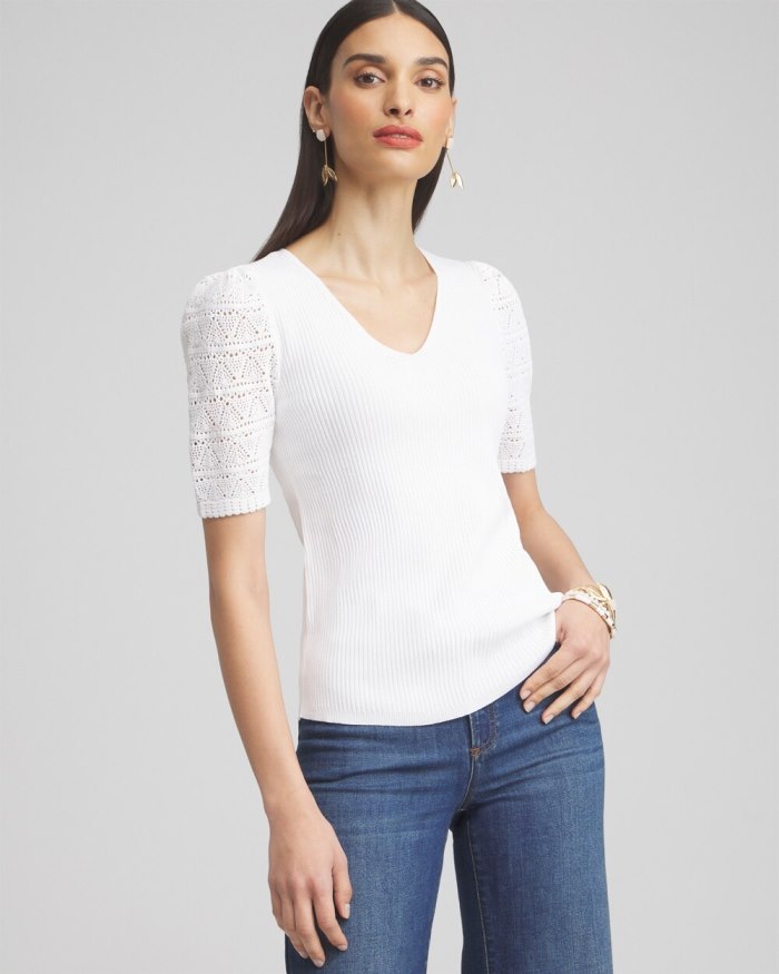 Women's Pointelle Sleeve Pullover - Alabaster - Click Image to Close