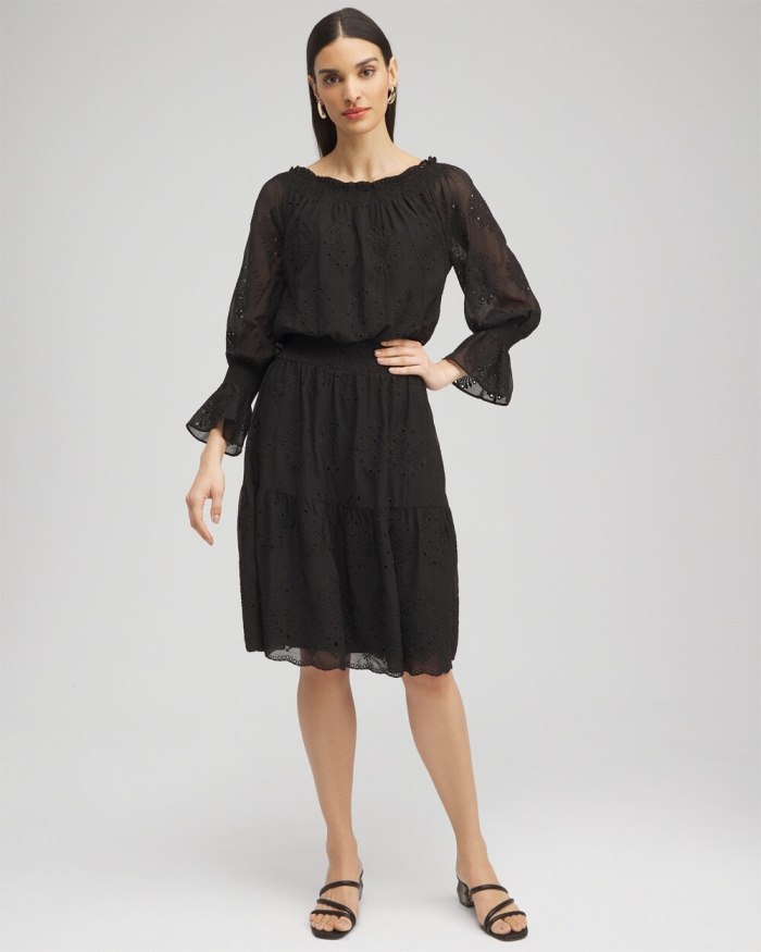 Women's Chiffon Eyelet Dress - Black