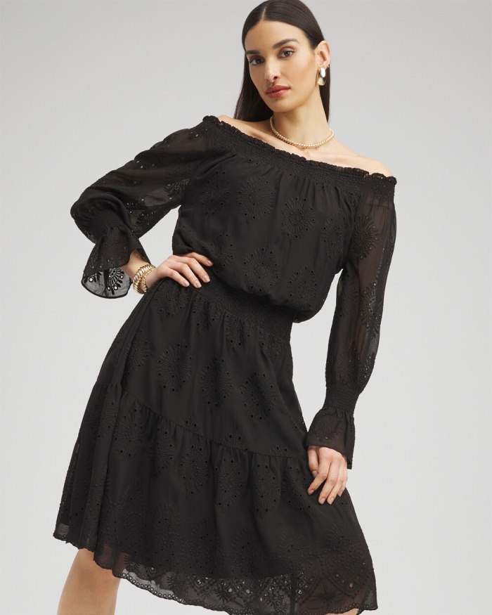 Women's Chiffon Eyelet Dress - Black