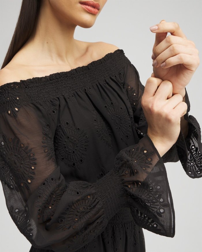 Women's Chiffon Eyelet Dress - Black