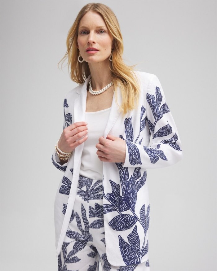 Women's Printed Linen Blend Stretch Blazer - Alabaster