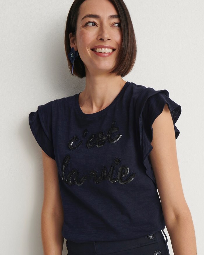 Women's Tiered Flutter Sleeve Tee - Classic Navy - Click Image to Close