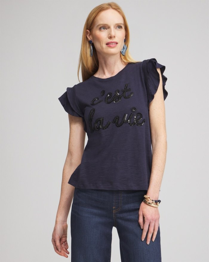 Women's Tiered Flutter Sleeve Tee - Classic Navy