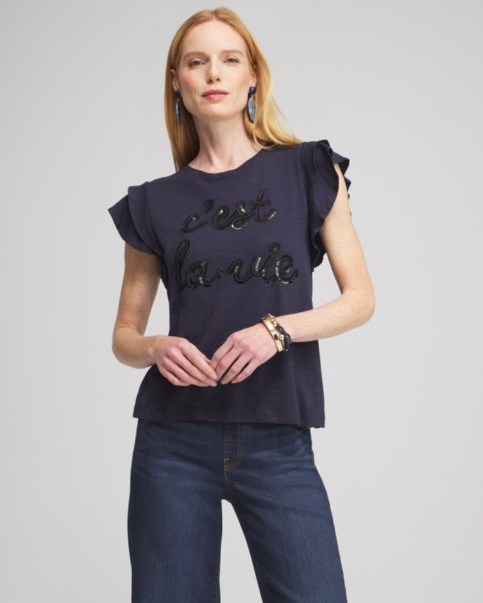 Women's Tiered Flutter Sleeve Tee - Classic Navy