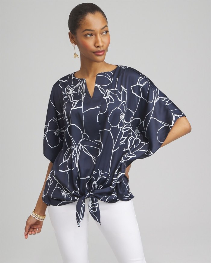 Women's Floral Tie-Front Shirt - Classic Navy - Click Image to Close