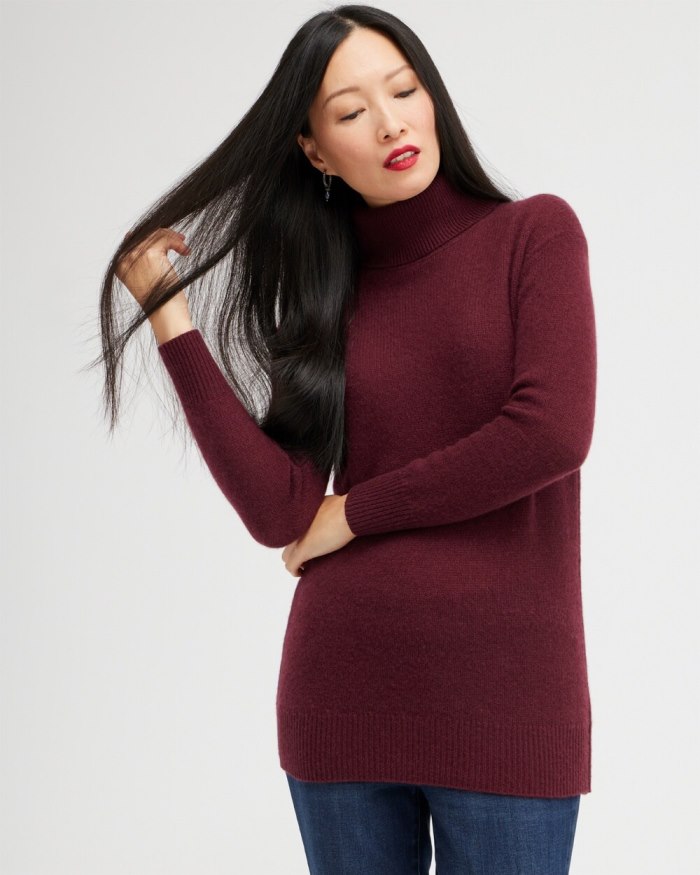 Women's Cashmere Turtleneck Tunic Sweater - Merlot