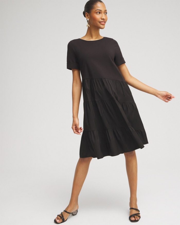 Women's Asymmetrical Knit Woven Tiered Dress - Black