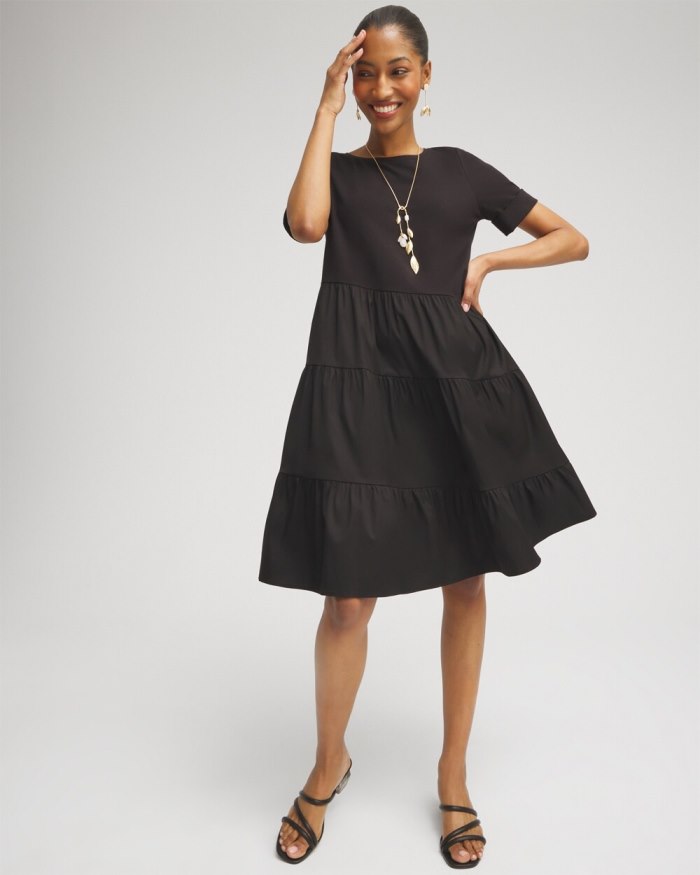 Women's Asymmetrical Knit Woven Tiered Dress - Black