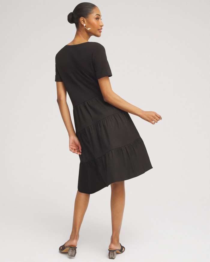 Women's Asymmetrical Knit Woven Tiered Dress - Black