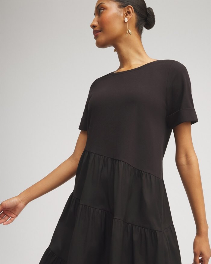 Women's Asymmetrical Knit Woven Tiered Dress - Black