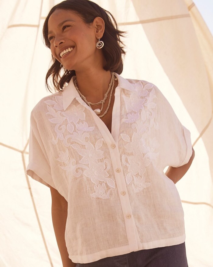 Women's Linen Embroidered Applique Shirt - Alabaster - Click Image to Close