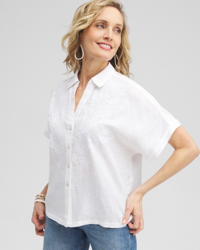 Women's Linen Embroidered Applique Shirt - Alabaster