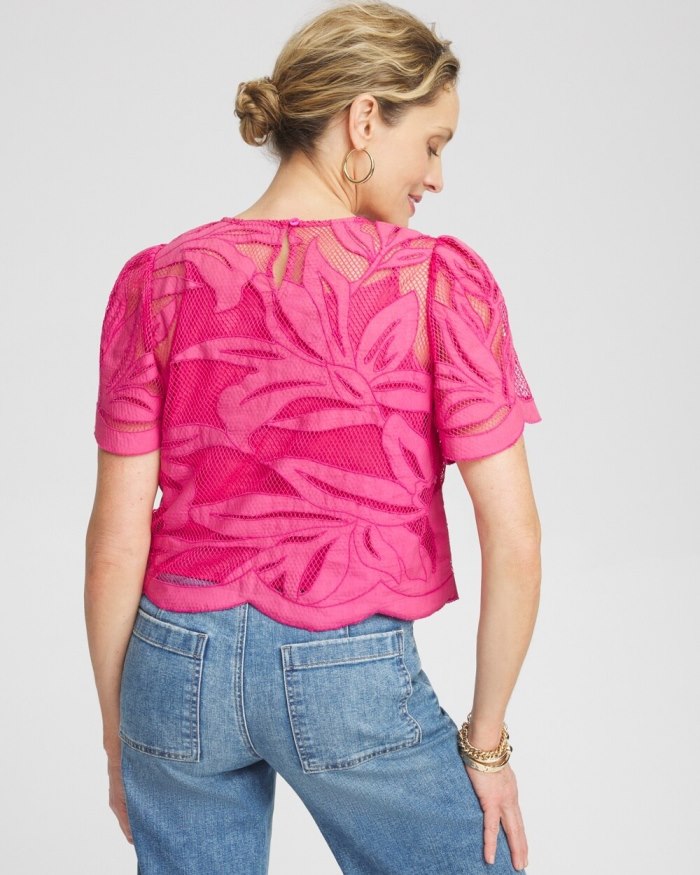 Women's Applique Cut Work Top - PINK BROMELIAD