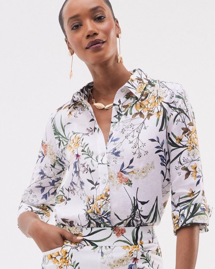 Women's No Iron Linen Floral 3/4 Sleeve Shirt - Optic White - Click Image to Close