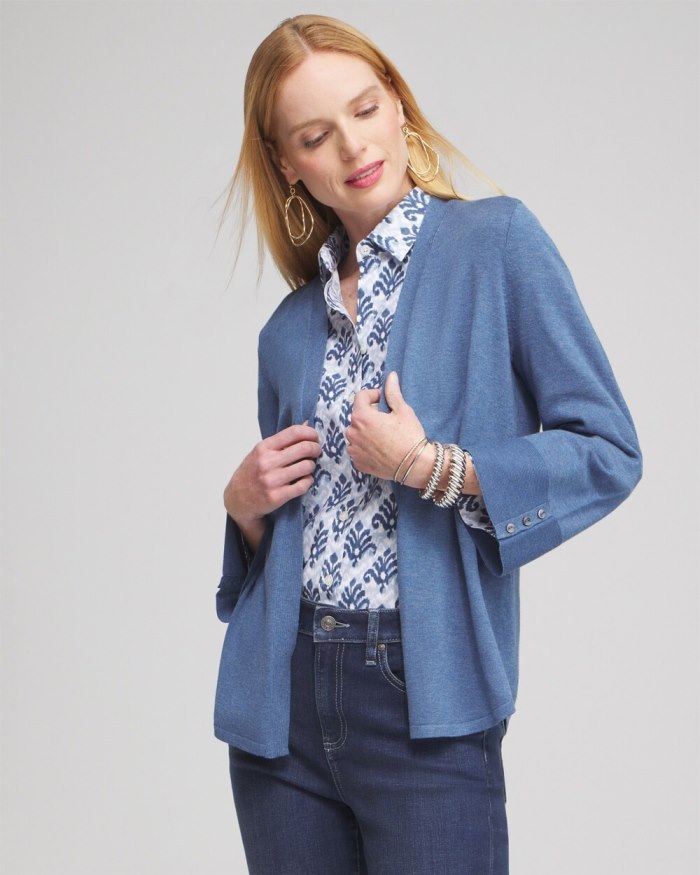 Women's Spun Rayon Flare Sleeve Cardigan - Deep Indigo Heather - Click Image to Close