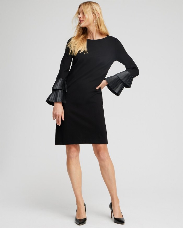 Women's Ponte Faux Leather Cuff Dress - Black - Click Image to Close