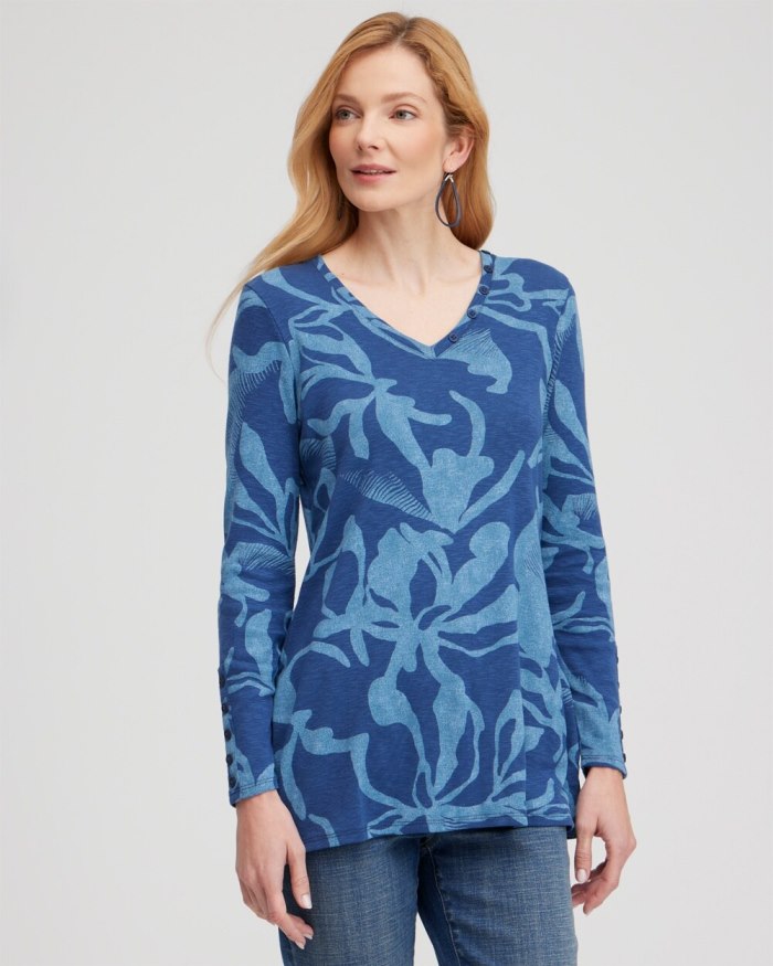 Women's Abstract Print Button Detail Tunic - Blue Echo - Click Image to Close