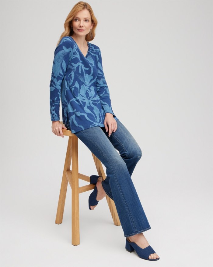 Women's Abstract Print Button Detail Tunic - Blue Echo