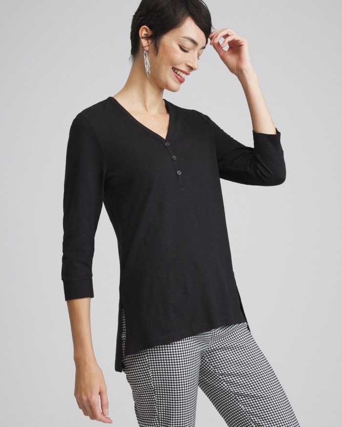 Women's Henley Side Slit Tunic - Black