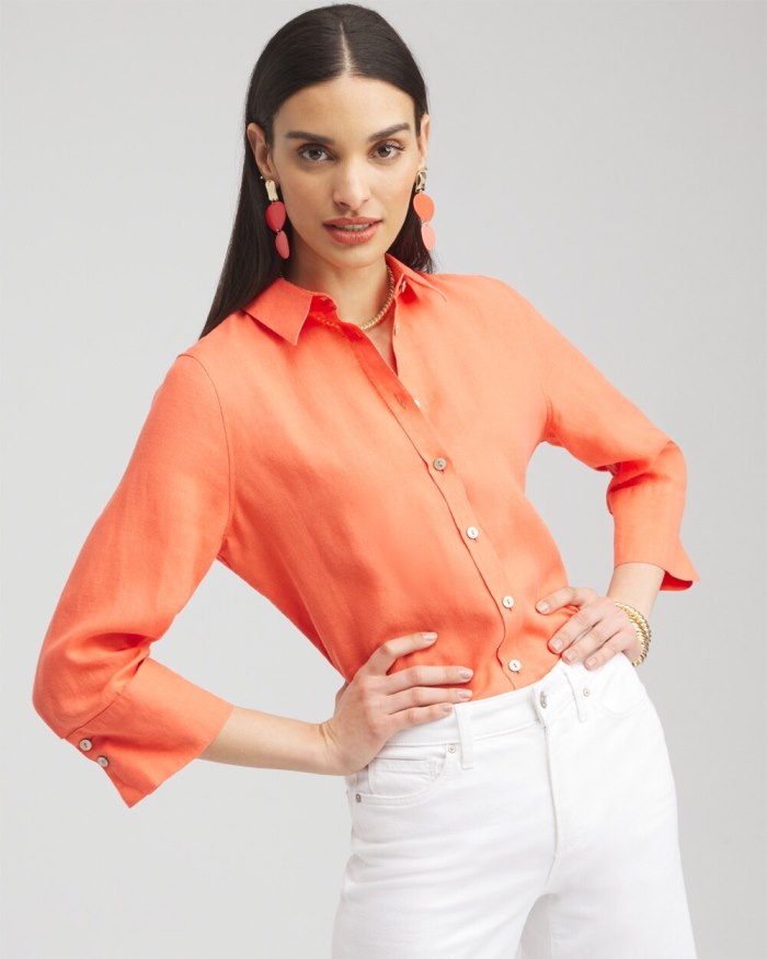 Women's No Iron Linen 3/4 Sleeve Shirt - Nectarine - Click Image to Close