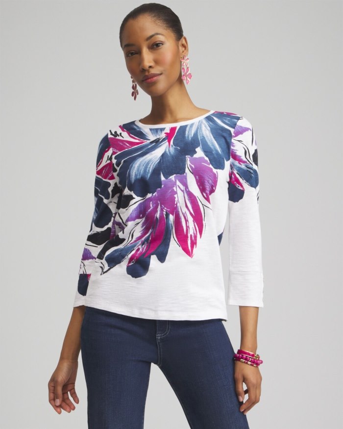 Women's Floral 3/4 Sleeve Button Tee - Classic Navy - Click Image to Close