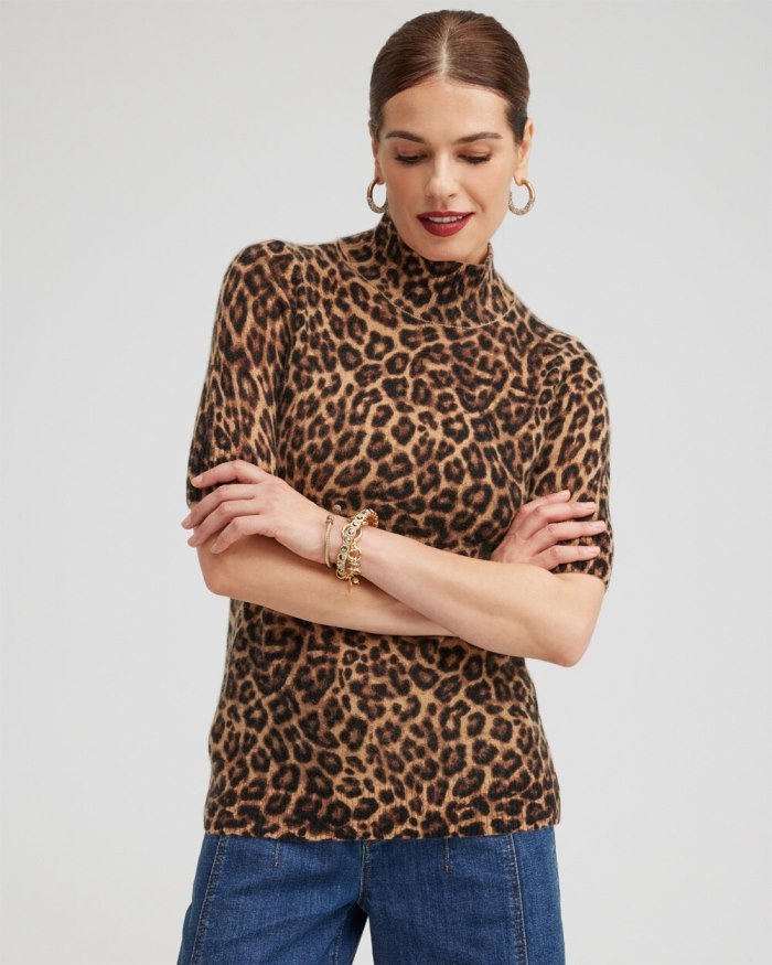 Women's Cashmere Leopard Elbow Sleeve Sweater - Brown