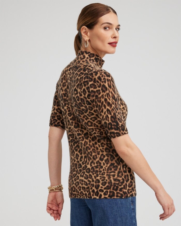 Women's Cashmere Leopard Elbow Sleeve Sweater - Brown