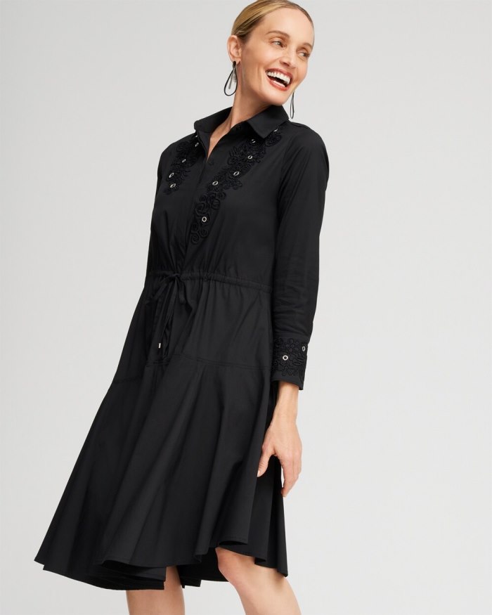 Women's Poplin Lace Grommet Midi Dress - Black