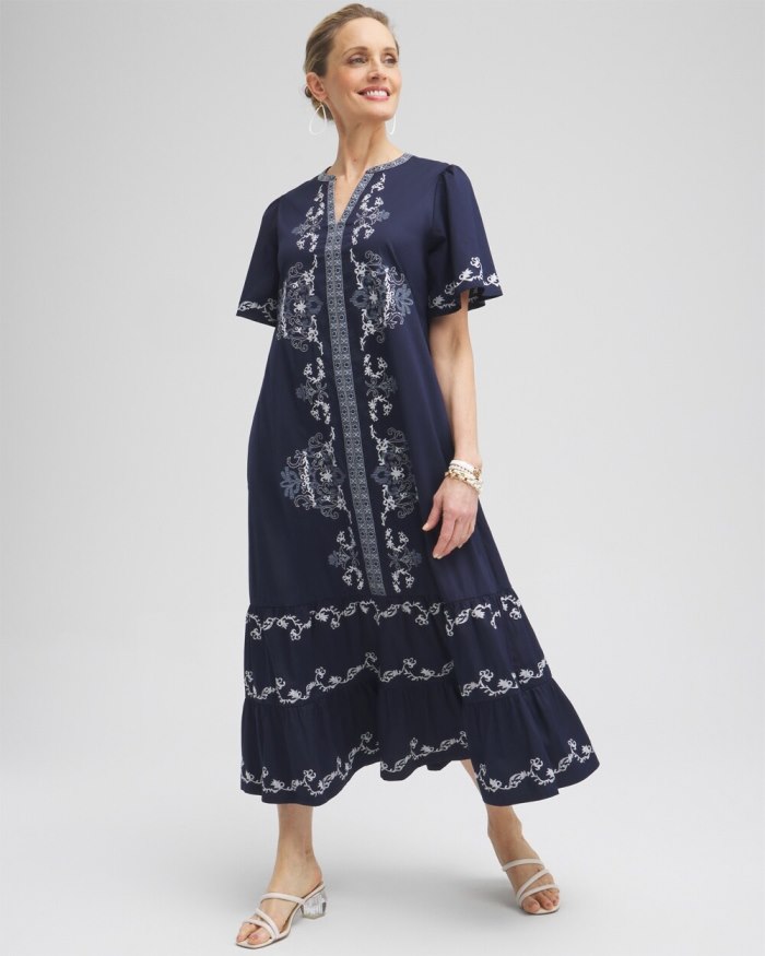 Women's Poplin Embroidered Maxi Dress - Classic Navy - Click Image to Close