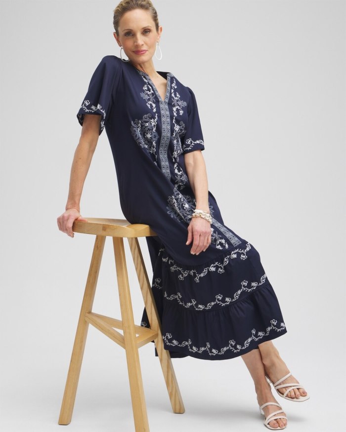 Women's Poplin Embroidered Maxi Dress - Classic Navy