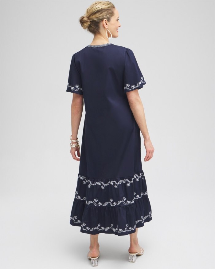 Women's Poplin Embroidered Maxi Dress - Classic Navy