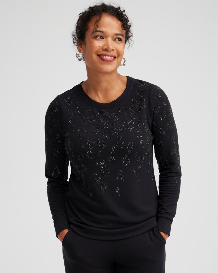 Women's Zenergy Embellished Animal Print Top - Black - Click Image to Close