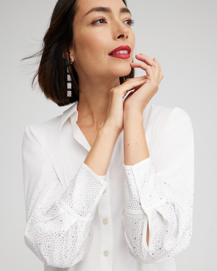 Women's Poplin Embellished Sleeve Shirt - Alabaster