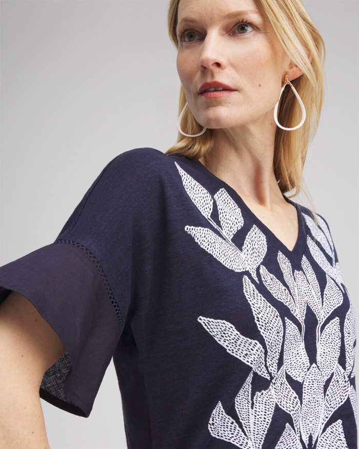 Women's Leaf Linen Blend Flutter Sleeve Top - Classic Navy