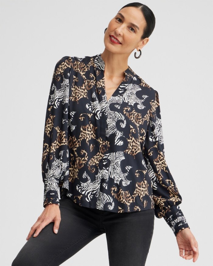 Women's Mixed Animal Print Shirt - Black - Click Image to Close