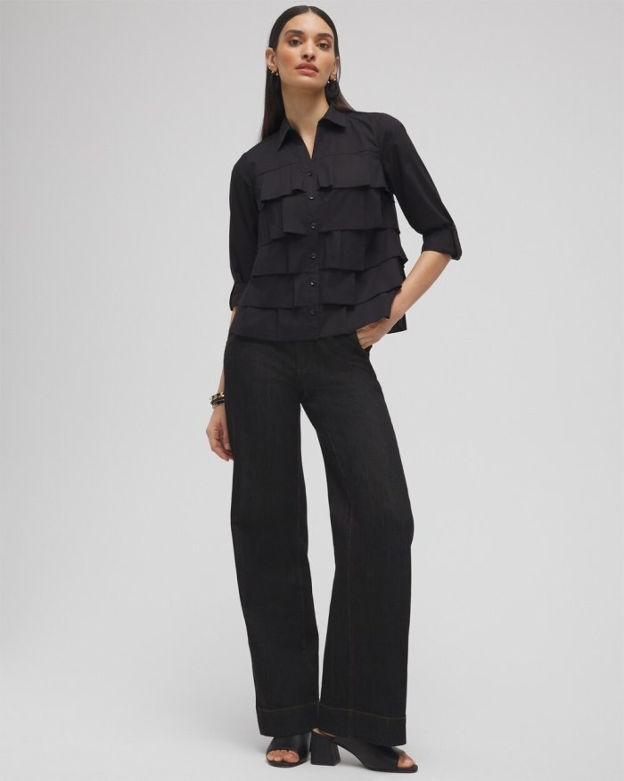 Women's Poplin Ruffle Shirt - Black