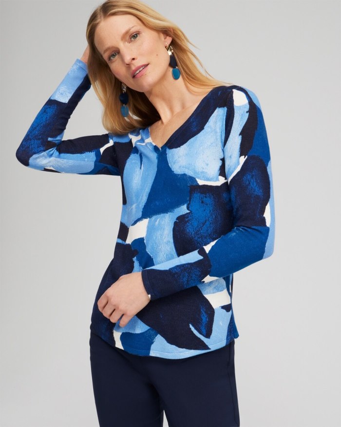 Women's Spun Rayon Abstract V-neck Pullover - Classic Navy