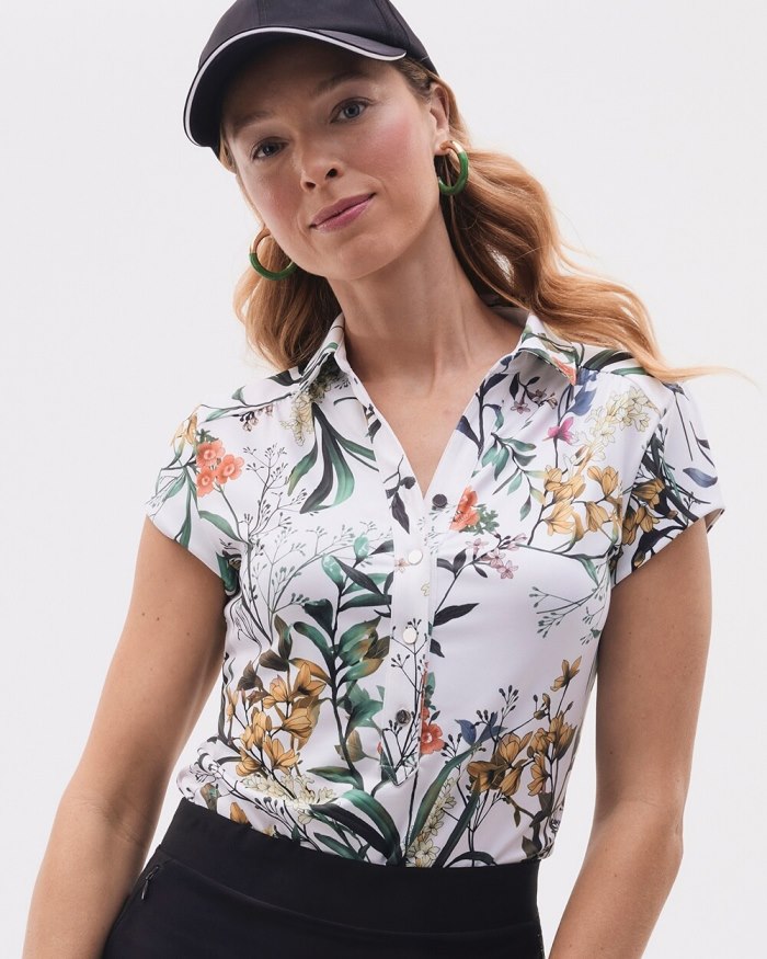 Women's Zenergy UPF Floral Cap Sleeve Polo - Verdant Green - Click Image to Close