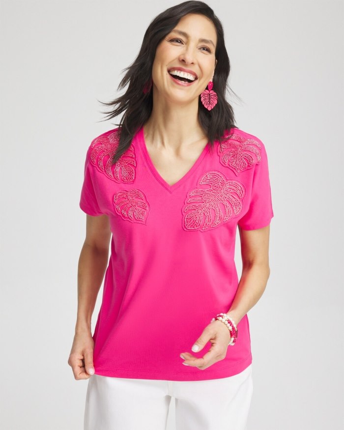 Women's Beaded Cotton Stretch Tee - PINK BROMELIAD - Click Image to Close