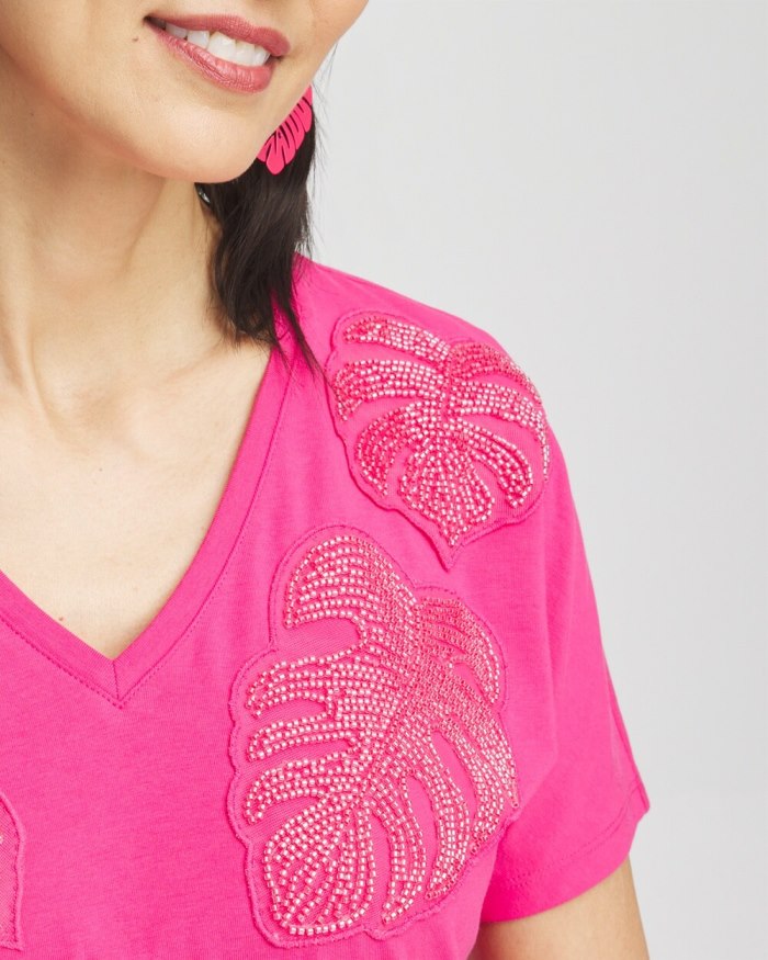 Women's Beaded Cotton Stretch Tee - PINK BROMELIAD