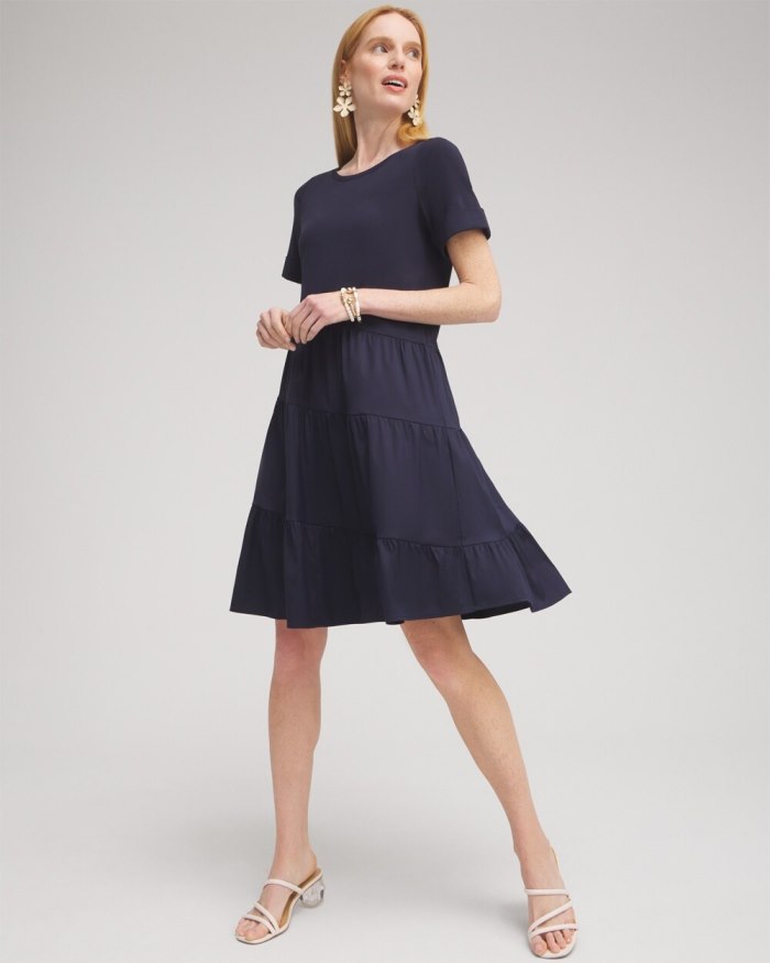 Women's Asymmetrical Knit Woven Tiered Dress - Classic Navy - Click Image to Close