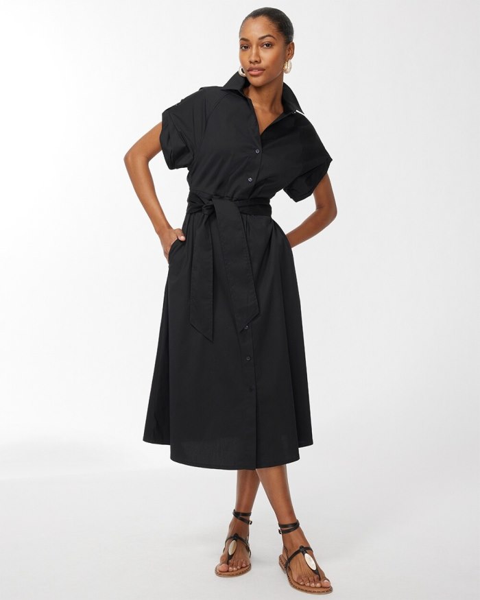 Women's Poplin Tie Waist Shirt Dress - Black - Click Image to Close