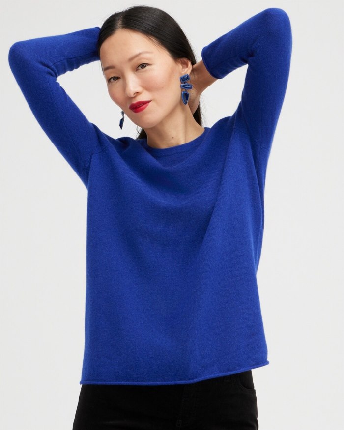 Women's Cashmere Crew Neck Sweater - Blue - Click Image to Close