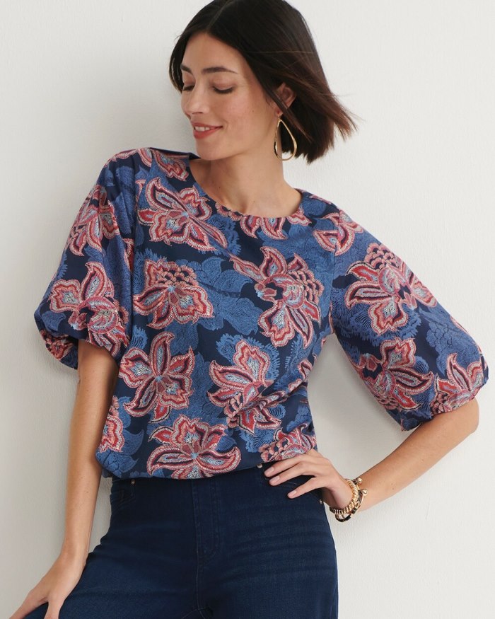 Women's Floral Bubble Hem Top - Classic Navy - Click Image to Close