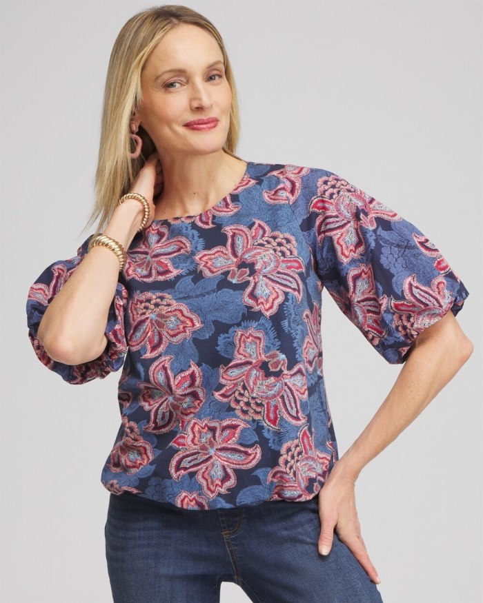 Women's Floral Bubble Hem Top - Classic Navy