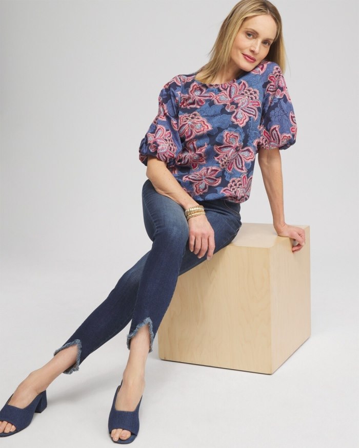 Women's Floral Bubble Hem Top - Classic Navy